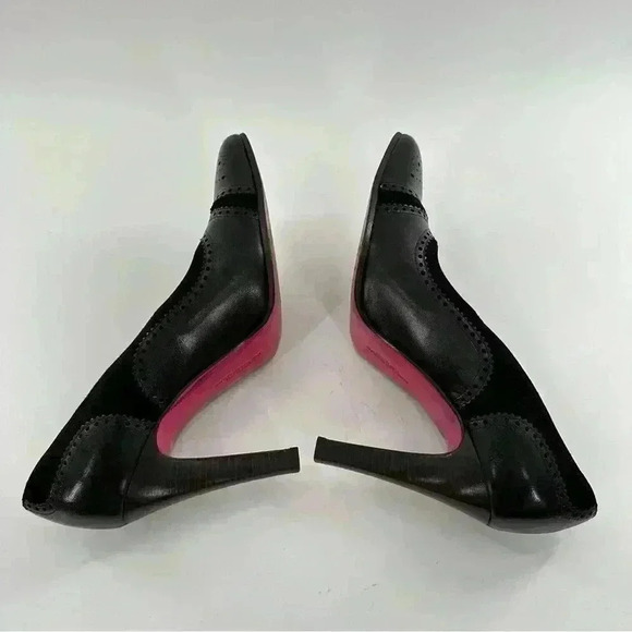 Emanuel Ungaro heels size 8.5 black Italian leather suede cap toe brogue career - Picture 7 of 14
